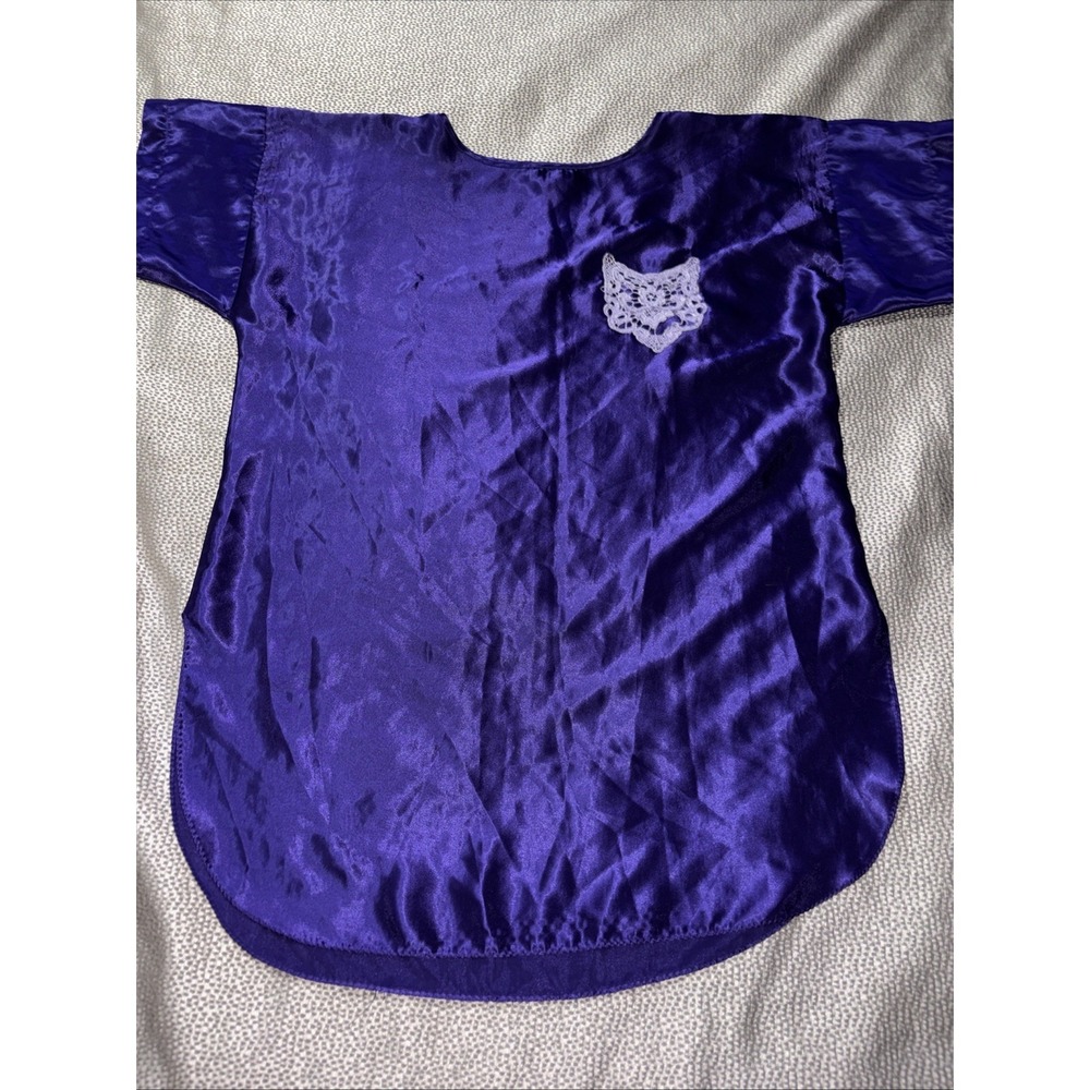 Vintage 90's California Dynasty Purple Satin Laced Pocket Night Gown Shirt OSFM